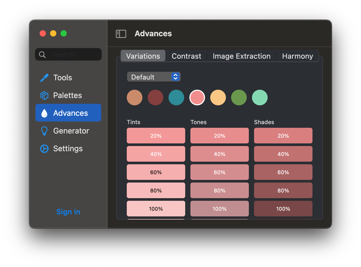 ColorOne Color Variation Tool showing tints, shades and tones for comprehensive palette creation
